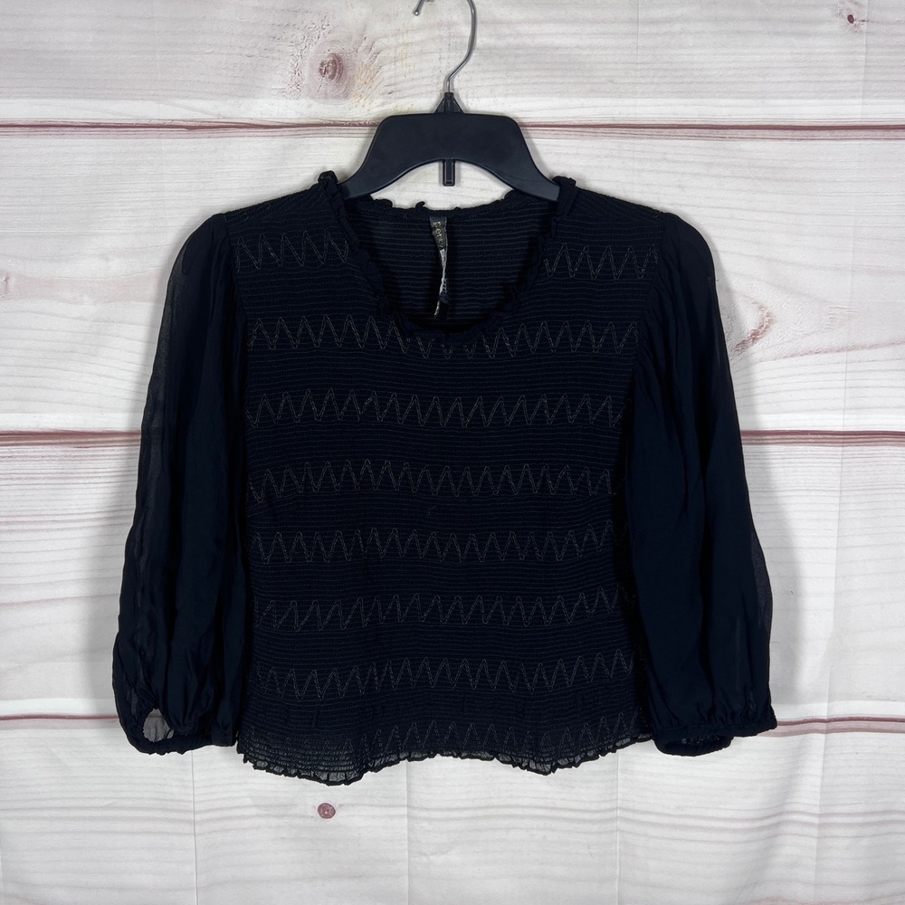 Plenty by Tracy Reese Smocked Top Womens Small Black Solid Sheer Sleeve Blouse
